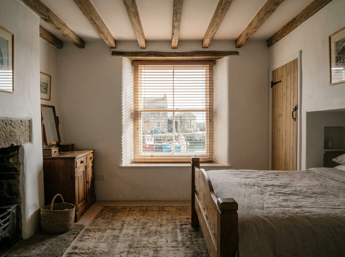 Warm timber venetian slats tilted open in the bedroom of an older cottage near the Gordon's Bay harbour